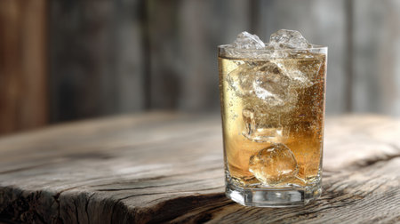 A tantalizing glass of sparkling beverage filled with ice cubes rests on a rustic wooden surface, perfectly capturing the essence of refreshment and relaxation.の素材