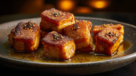 Indulge in the rich, savory flavors of caramelized pork belly, beautifully presented on a rustic plate. A perfect dish for culinary enthusiasts and food lovers.の素材