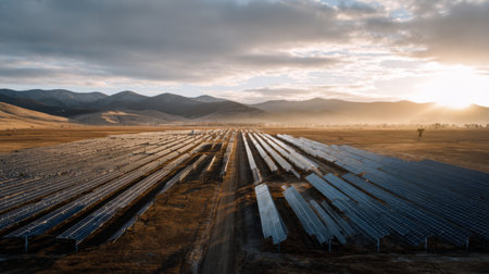 Aerial view of a vast solar panel field bathed in golden sunlight, surrounded by a picturesque mountain range, showcasing the beauty of renewable energy in nature.の素材