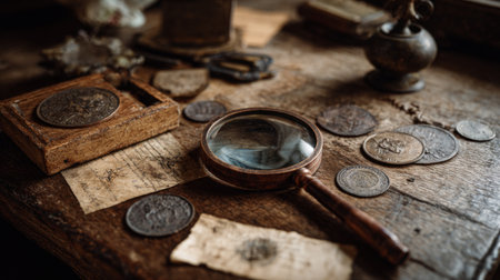 This evocative scene features a magnifying glass placed on a rustic wooden table surrounded by coins and vintage collectibles, evoking a sense of history and exploration.の素材