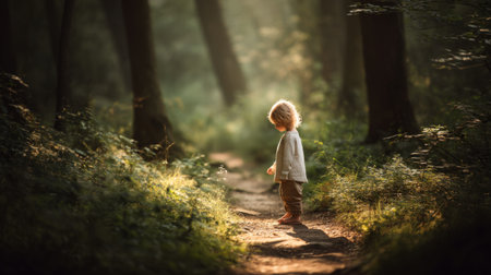 A solitary child walks along a sunlit path in a serene forest. This enchanting scene captures the beauty of innocence and exploration in nature's embrace.の素材