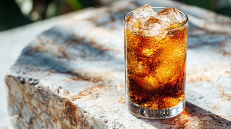 A closeup of a refreshing carbonated beverage filled with ice cubes placed on a textured stone surface under natural light, evoking summer vibes and relaxation.の素材