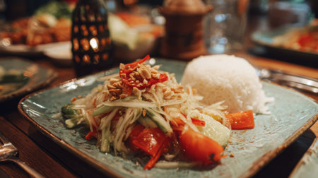 This vibrant image showcases a delicious Thai papaya salad garnished with peanuts, served alongside steaming white rice. The cozy restaurant backdrop adds warmth.の素材