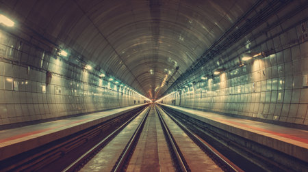 A captivating view of an underground tunnel showcasing symmetrical tracks and dim lighting. This image highlights urban design and the essence of transit journeys.の素材