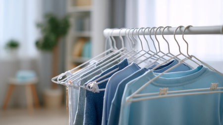 Light blue casual clothing hangs neatly on a rack within a sunlit room. This setup captures the essence of organization, style, and comfort in a cozy environment.の素材