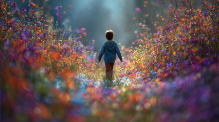 A young child strolls through a stunning flower field, enveloped in a vibrant display of colors. Soft morning light enhances the serene atmosphere of nature.の素材