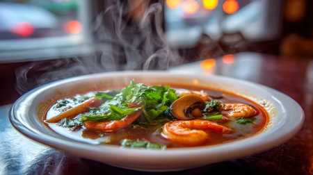 A delicious bowl of shrimp soup, filled with fresh herbs and colorful vegetables, creates a warm and inviting atmosphere perfect for dining, surrounded by evening lights.の素材