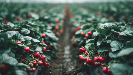 A picturesque strawberry field brimming with ripe, red berries nestled among vibrant green leaves, capturing the essence of fresh agriculture and natural beauty.の素材