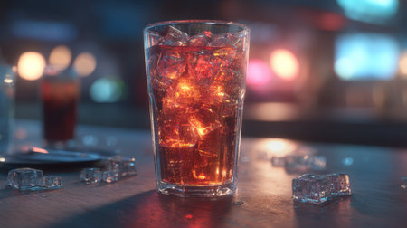 A vibrant glass of icy beverage sits elegantly on a bar top, surrounded by glistening ice cubes. The lively background hints at a warm and inviting atmosphere.の素材