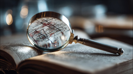 A captivating close-up of a magnifying glass on an open book, showcasing intricate text and graphs that symbolize exploration and the quest for knowledge.の素材