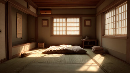 Experience serenity in a beautifully designed Japanese interior featuring tatami mats, natural light, and cozy floor cushions, perfect for peaceful relaxation and mindfulness.の素材
