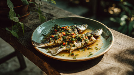 A beautifully presented fish dish topped with a spicy herb sauce, showcasing culinary skill. This image captures the warmth of home cooking and the allure of natural ingredients.の素材