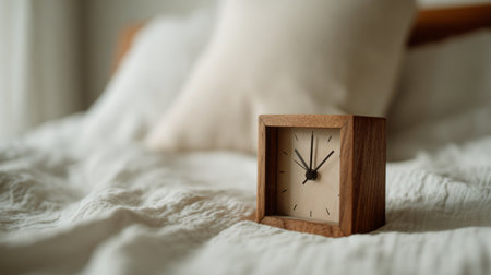 A charming wooden clock rests on soft bed linens, showcasing a tranquil bedroom scene. This image evokes a sense of relaxation and mindfulness ideal for home decor inspiration.の素材