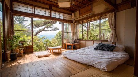 A serene Japanese bedroom featuring a futon on a wooden floor, abundant natural light, and large windows that frame a picturesque view of lush greenery outside.の素材