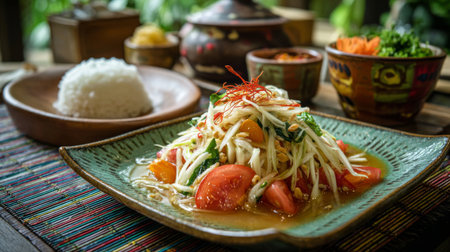 Experience the bold flavors and fresh ingredients of traditional Thai papaya salad, served with rice and condiments, perfect for a vibrant dining experience.の素材