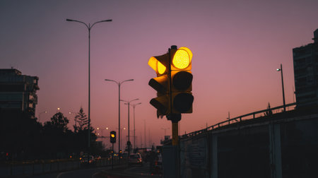 A striking yellow traffic light illuminates an urban road at twilight, surrounded by city buildings and glowing lights, capturing the essence of modern city life.の素材