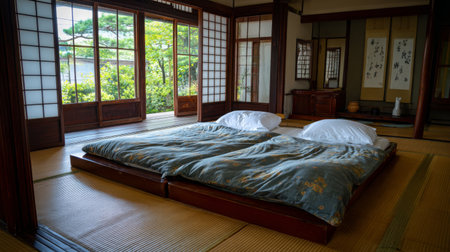 Experience the tranquility of a traditional Japanese bedroom featuring tatami mats, futons, and shoji screens, with a calming view of nature, perfect for relaxation.の素材