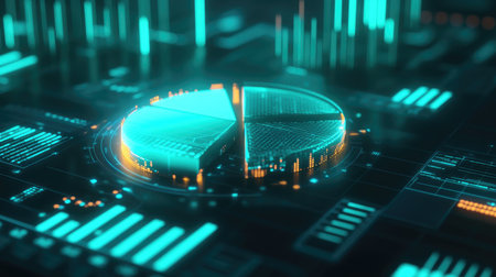 Explore a vibrant graphic of data visualization featuring a glowing pie chart amidst digital elements. Ideal for technology and finance themes.の素材