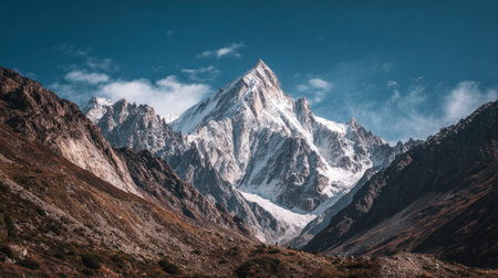 This stunning image captures a majestic snow-capped mountain peak under a clear blue sky, showcasing the beauty of rugged landscapes and natural serenity.の素材
