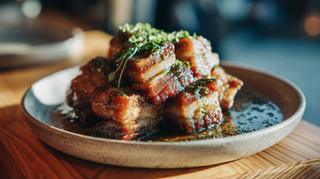 A beautifully presented plate of crispy pork belly garnished with fresh herbs and rich glaze, ideal for gourmet dining experiences in upscale restaurants.の素材