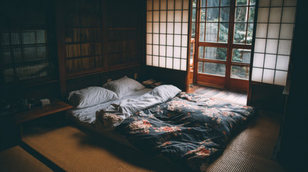 Experience tranquility in a traditional Japanese-style bedroom featuring futon bedding, shoji doors, and a serene view of nature. Ideal for relaxation.の素材