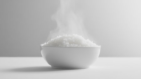 A white bowl filled with freshly steamed rice, emitting steam, creates an inviting and comforting atmosphere perfect for a healthy meal.の素材