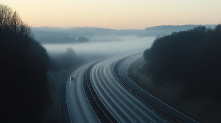 A stunning view of an empty highway in the morning fog, surrounded by tranquil rural landscapes. The soft fog adds a serene atmosphere to the scene.の素材