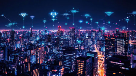 A vibrant city skyline illuminated at night, showcasing digital connectivity elements like wifi signals and data networks, representing a futuristic urban landscape.の素材