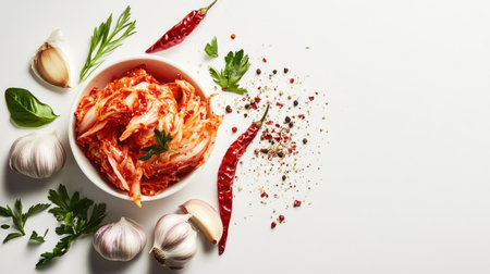 A vibrant bowl of fresh kimchi surrounded by garlic, herbs, and spices on a clean white surface, showcasing the essence of traditional Korean cuisine.の素材