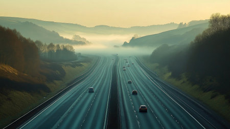 A serene highway stretches through a misty landscape at dawn, capturing the beauty of nature and the tranquility of early morning travel.の素材