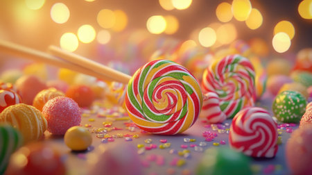 Vibrant candy lollipops swirl in cheerful colors, surrounded by assorted sweets. Perfect for promoting joy, celebrations, and delightful treats.の素材