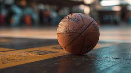 A close-up view of a worn basketball positioned on a wooden court, showcasing the texture and character of the ball against a vibrant, urban background.の素材
