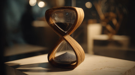 A beautifully crafted hourglass with a wooden frame and black sand rests on a marble surface, creating an elegant and serene atmosphere perfect for reflection.の素材