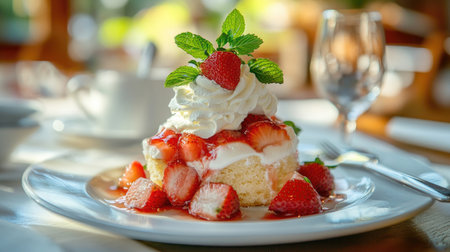 A delightful strawberry shortcake topped with whipped cream and fresh mint, perfect for any sweet occasion. Bright colors and presentation attract attention.の素材
