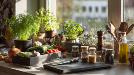 A vibrant kitchen display features fresh vegetables, aromatic herbs, and assorted spices, all arranged beautifully for an inviting cooking experience. Perfect for culinary inspiration.の素材