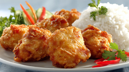 A mouthwatering plate featuring crispy fried chicken bites served alongside fluffy white rice and vibrant fresh vegetables, perfect for any meal occasion.の素材