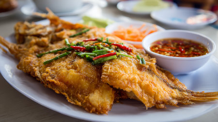 Enjoy a delectable presentation of crispy fried fish, beautifully garnished with fresh chili and herbs, served with a spicy dipping sauce and light vegetables.の素材