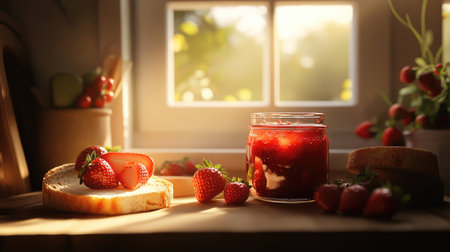 A warm, inviting scene featuring fresh strawberries and homemade jam on a wooden table. Perfect for showcasing a summer breakfast or rustic kitchen vibe.の素材