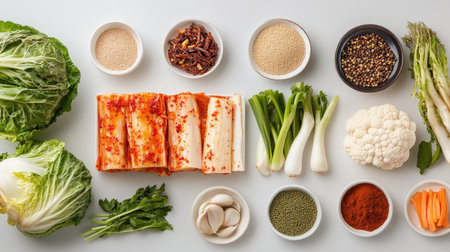 An array of fresh ingredients perfect for making homemade kimchi. Includes cabbage, scallions, garlic, and various spices that enhance flavor and nutrition.の素材