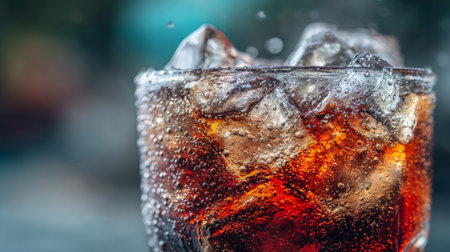 A close-up view of a refreshing carbonated beverage served in a glass filled with ice cubes, showcasing bubbles and condensation for an inviting look.の素材