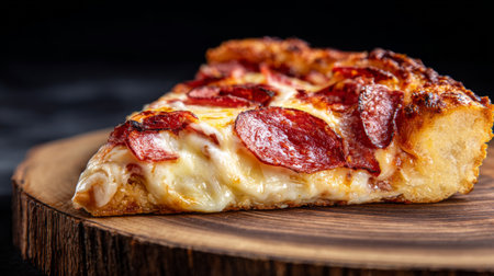 A mouth-watering slice of pepperoni pizza, featuring gooey cheese and a crispy crust, beautifully presented on a rustic wooden board for an eye-catching culinary shot.の素材
