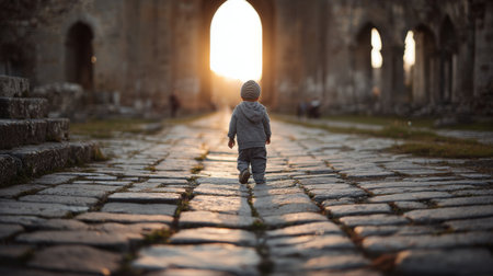 A young child joyfully explores a historic cobblestone path during sunset, creating a serene and heartwarming moment filled with wonder and beauty.の素材