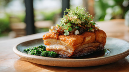 A beautifully presented dish of crispy pork belly highlights the rich textures and flavors combined with fresh herbs and green sauce, perfect for food enthusiasts.の素材