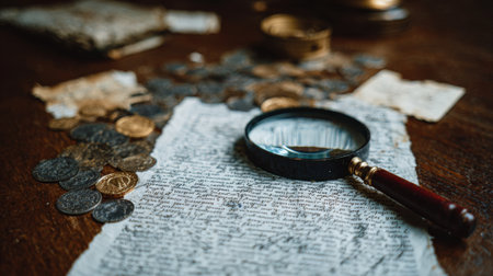 A still life composition featuring antique coins scattered on vintage parchment with a magnifying glass, evoking a sense of exploration and historical discovery.の素材