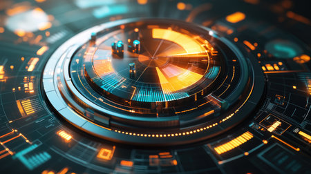 Explore a vibrant digital interface showcasing glowing elements in orange and blue. Perfect for illustrating technology and data visualization concepts.の素材