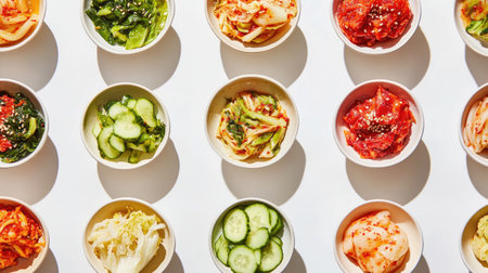 A vibrant display of assorted Korean side dishes including kimchi and fresh vegetables, showcasing the colorful and diverse flavors of Korean cuisine.の素材