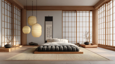 A serene and minimalist Japanese-inspired bedroom featuring natural light, soft textures, and elegant decor, perfect for relaxation and tranquility in any modern home.の素材