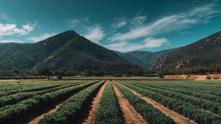 A picturesque view of verdant tea rows stretching into the distance, framed by majestic mountains and a clear blue sky, showcasing the beauty of rural agriculture.の素材