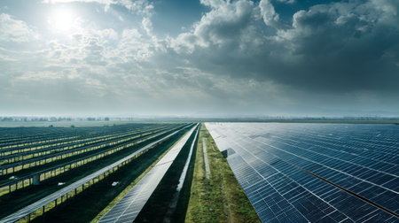 Expansive solar farm featuring rows of photovoltaic panels extending into the horizon under a beautiful sky. A symbol of sustainable energy in agriculture.の素材