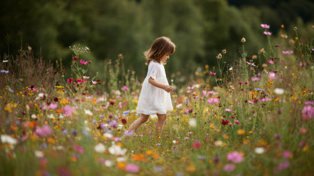 A young girl walks through a lively meadow filled with diverse wildflowers. This enchanting scene captures the essence of childhood exploration and joy.の素材
